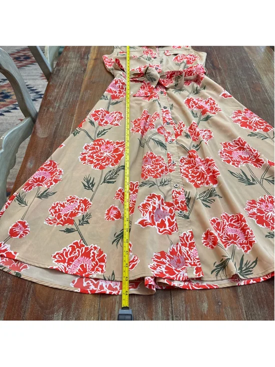 Banana Republic Floral Sleeveless Midi Shirtdress Button Up Tan Coral Pink Sz 2 - Picture 8 of 11